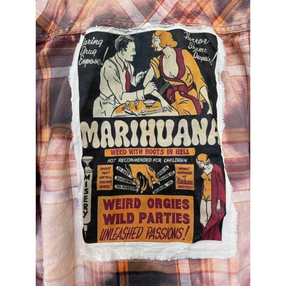 Vintage Marijuana Propaganda Flannel Bleach Dye Upcycled Shirt Large